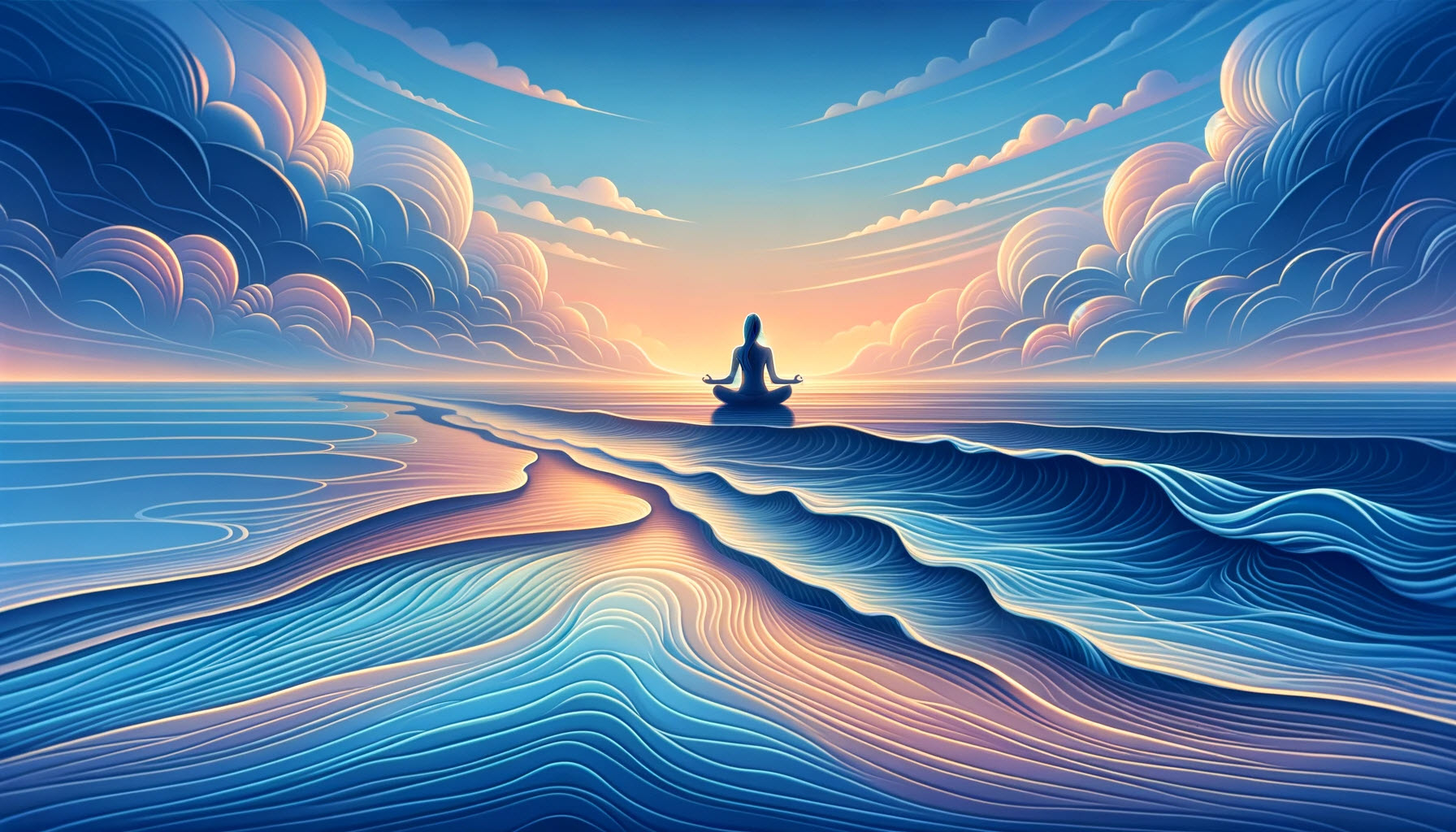 A serene image of a person meditating on a beach at dawn, with the gentle waves in the background representing the continuous journey. Holistic healing in drug and alcohol treatment in Winnipeg, Manitoba.